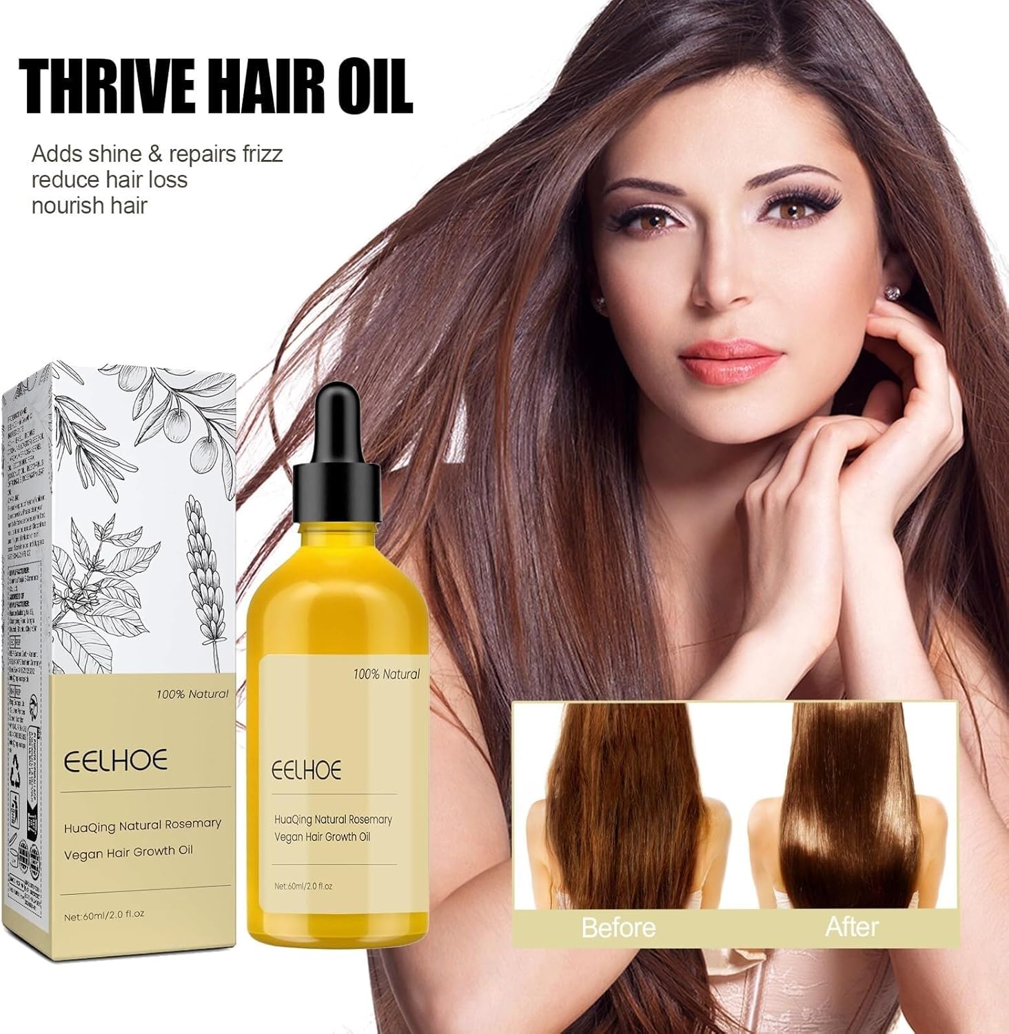 Huile de croissance naturelle des cheveux YUUCANGH 60 ML, huile de romarin biologique végétalienne Eelhoe.